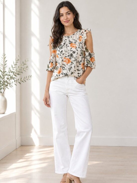 Club Monaco Tops - Club Monaco Orange Green Floral Cold Shoulder Ruffle Blouse Small 0238